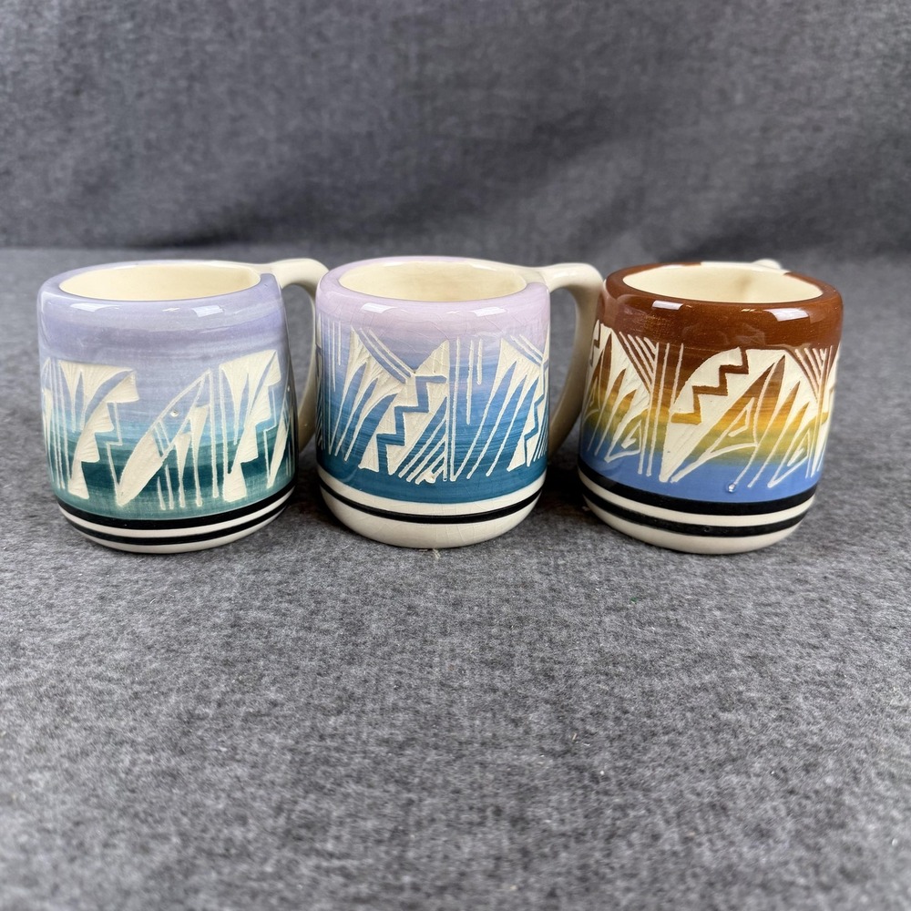 Southwest‎ Geometric Coffee Mugs Set Of 3 Multicolor Ceramic Handpainted Art